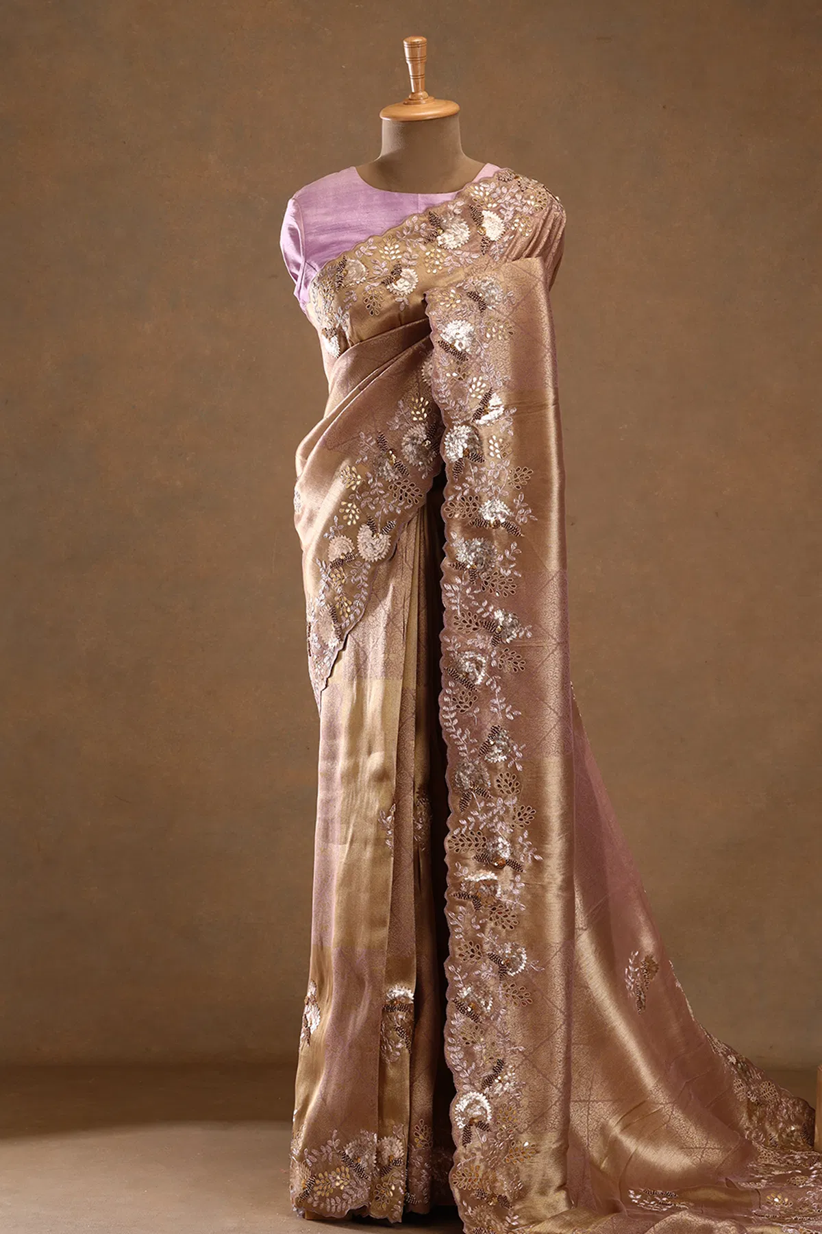 Lavender and gold gota embroidered tissue designer saree